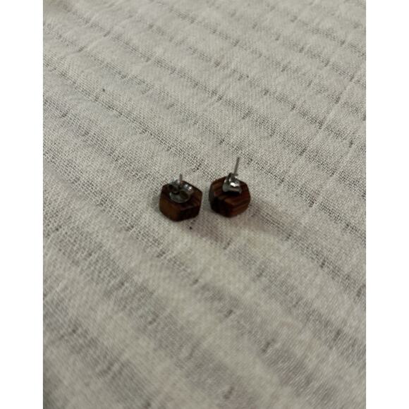 Vintage Wooden Leather earrings dangle post Button flower mod octagon - Picture 8 of 8